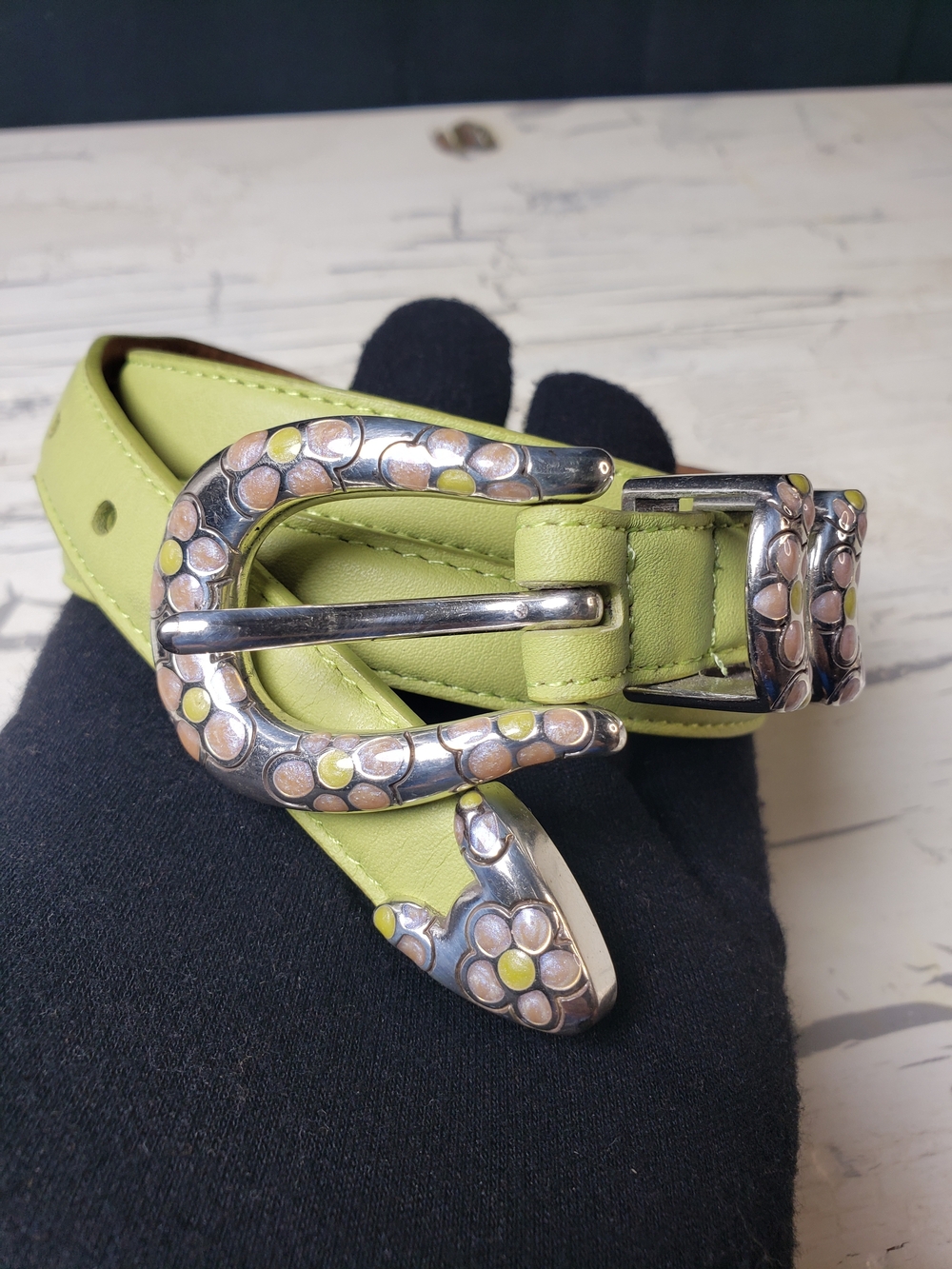 Brighton Pastel Lime Green Leather Belt with Floral Enamel Buckle